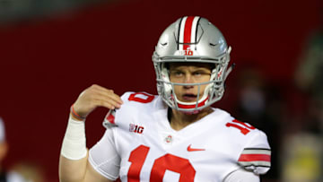 PISCATAWAY, NJ - SEPTEMBER 30: Quarterback Joe Burrow #10 of the Ohio State Buckeyes calls out signals during a game against the Rutgers Scarlet Knights on September 30, 2017 at High Point Solutions Stadium in Piscataway, New Jersey. Ohio State won 56-0. (Photo by Hunter Martin/Getty Images)
