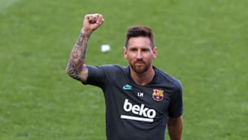 LISBON, PORTUGAL - AUGUST 13: Lionel Messi of FC Barcelona reacts during a training session ahead of their UEFA Champions League quarter-final match against Bayern Munich at Estadio do Sport Lisboa e Benfica on August 13, 2020 in Lisbon, Portugal. (Photo by Rafael Marchante/Pool via Getty Images)