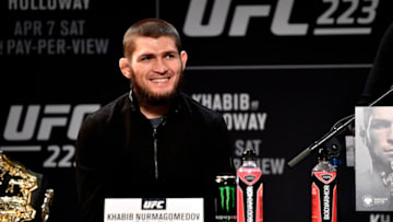 BROOKLYN, NY - APRIL 04: Khabib Nurmagomedov of Russia interacts with media and fans during the UFC 223 Press Conference at the Music Hall of Williamsburg on April 4, 2018 in Brooklyn, New York. (Photo by Jeff Bottari/Zuffa LLC/Zuffa LLC via Getty Images)