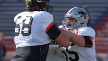 Jan 28, 2016; Mobile, AL, USA; South squad offensive guard Cody Whitehair of Kansas State (55) battles offensive tackle Spencer Drango of Baylor (58) during a drill during Senior Bowl practice at Ladd-Peebles Stadium. Mandatory Credit: Glenn Andrews-USA TODAY Sports