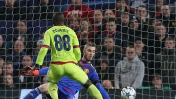 MANCHESTER, ENGLAND - NOVEMBER 03: David de Gea of Manchester United makes a save from Seydou Doumbia of CSKA Moscow during the UEFA Champions League match between Manchester United and CSKA Moscow at Old Trafford on November 3, 2015 in Manchester, United Kingdom. (Photo by Tom Purslow/Man Utd via Getty Images)