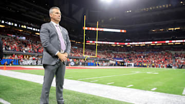 INDIANAPOLIS, INDIANA - DECEMBER 07: Urban Meyer watches the action during the BIG Ten Football Championship at Lucas Oil Stadium on December 07, 2019 in Indianapolis, Indiana. (Photo by Andy Lyons/Getty Images)
