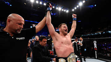 CURITIBA, BRAZIL - MAY 14: Stipe Miocic celebrates after defeating Fabricio Werdum of Brazil by KO in their UFC heavyweight championship bout during the UFC 198 event at Arena da Baixada stadium on May 14, 2016 in Curitiba, Parana, Brazil. (Photo by Josh Hedges/Zuffa LLC/Zuffa LLC via Getty Images)