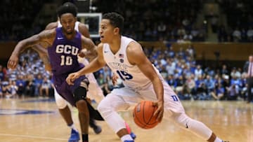 Nov 12, 2016; Durham, NC, USA; Duke Blue Devils guard Frank Jackson (15) moves past Grand Canyon Lopes guard Shaq Carr (10) in the second half of their game at Cameron Indoor Stadium. Mandatory Credit: Mark Dolejs-USA TODAY Sports