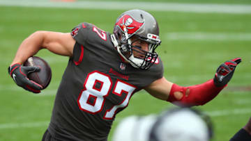 Jan 3, 2021; Tampa, Florida, USA;Tampa Bay Buccaneers tight end Rob Gronkowski (87) runs with the ball against the Atlanta Falcons during the first quarter at Raymond James Stadium. Mandatory Credit: Kim Klement-USA TODAY Sports