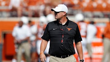 AUSTIN, TX - SEPTEMBER 02: Head coach Tom Herman of the Texas Longhorns watches players warm up before the game against the Maryland Terrapins at Darrell K Royal-Texas Memorial Stadium on September 2, 2017 in Austin, Texas. (Photo by Tim Warner/Getty Images)