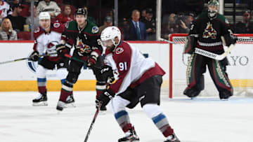 GLENDALE, ARIZONA - NOVEMBER 02: Nazem Kadri #91 of the Colorado Avalanche skates after the puck against the Arizona Coyotes at Gila River Arena on November 02, 2019 in Glendale, Arizona. (Photo by Norm Hall/NHLI via Getty Images)