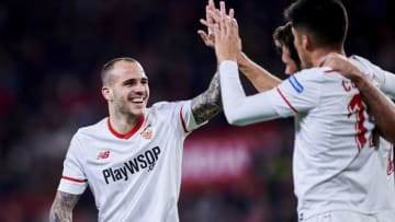 SEVILLE, SPAIN - FEBRUARY 07: Franco Vazquez of Sevilla FC celebrates with his teammates Joaquin Correa and Sandro Ramirez of Sevilla FC after scoring his team's second goal during the Copa del Rey semi-final second leg match between Sevilla FC and CD Leganes at Estadio Ramon Sanchez Pizjuan on February 7, 2018 in Seville, Spain. (Photo by Aitor Alcalde/Getty Images)