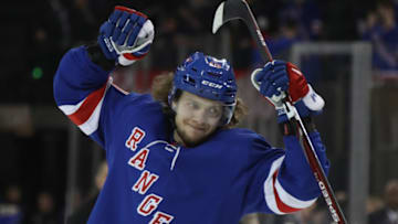 NEW YORK, NEW YORK - JANUARY 07: Artemi Panarin #10 of the New York Rangers celebrates a 5-3 victory over the Colorado Avalanche at Madison Square Garden on January 07, 2020 in New York City. (Photo by Bruce Bennett/Getty Images)