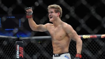 December 10, 2015; Las Vegas, NV, USA; Sage Northcutt celebrates his victory by submission against Cody Pfister during UFC Fight Night at The Chelsea at the Cosmopolitan. Mandatory Credit: Gary A. Vasquez-USA TODAY Sports