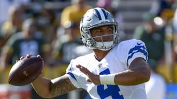 Oct 16, 2016; Green Bay, WI, USA; Dallas Cowboys quarterback Dak Prescott (4) warms up prior to the game against the Green Bay Packers at Lambeau Field. Mandatory Credit: Benny Sieu-USA TODAY Sports