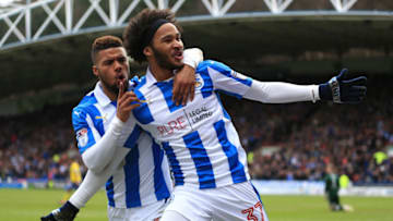 Huddersfield Town's Isaiah Brown (right) celebrates scoring his side's first goal of the game with Elias Kachunga during the Sky Bet Championship match at the John Smith's Stadium, Huddersfield. (Photo by Nigel French/PA Images via Getty Images)