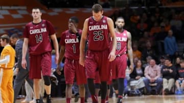 Jan 23, 2016; Knoxville, TN, USA; The South Carolina Gamecocks react during the second half against the Tennessee Volunteers at Thompson-Boling Arena. Tennessee won 78 to 69. Mandatory Credit: Randy Sartin-USA TODAY Sports
