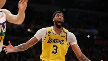 LOS ANGELES, CALIFORNIA - FEBRUARY 25: Anthony Davis #3 of the Los Angeles Lakers reacts to a play in a game against the New Orleans Pelicans during the second half at Staples Center on February 25, 2020 in Los Angeles, California. NOTE TO USER: User expressly acknowledges and agrees that, by downloading and or using this Photograph, user is consenting to the terms and conditions of the Getty Images License Agreement. (Photo by Katelyn Mulcahy/Getty Images)