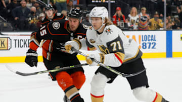 LAS VEGAS, NEVADA - OCTOBER 29: Ryan Getzlaf #15 of the Anaheim Ducks skates against William Karlsson #71 of the Vegas Golden Knights in overtime of their game at T-Mobile Arena on October 29, 2021 in Las Vegas, Nevada. The Golden Knights defeated the Ducks 5-4 in a shootout. (Photo by Ethan Miller/Getty Images)