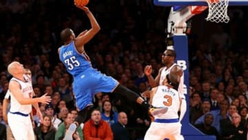 Mar. 7, 2013; New York, NY, USA; Oklahoma City Thunder small forward Kevin Durant (35) shoots the ball against the New York Knicks during the second half at Madison Square Garden. Thunder won 95-94. Mandatory Credit: Debby Wong-USA TODAY Sports