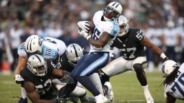 Aug 27, 2016; Oakland, CA, USA; Tennessee Titans running back Antonio Andrews (26) runs the ball against the Oakland Raiders in the fourth quarter at Oakland Alameda Coliseum. The Titans defeated the Raiders 27-14. Mandatory Credit: Cary Edmondson-USA TODAY Sports
