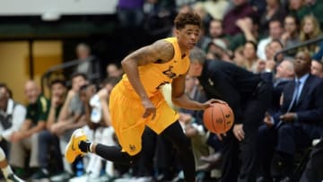 Dec 3, 2015; Fort Collins, CO, USA; Long Beach State 49ers guard Nick Faust (2) drives up court following a turnover by the Colorado State Rams in the second half at Moby Arena. The 49ers defeated the Rams 83-77. Mandatory Credit: Ron Chenoy-USA TODAY Sports