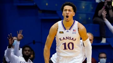 Feb 20, 2021; Lawrence, Kansas, USA; Kansas Jayhawks forward Jalen Wilson (10) reacts after scoring against the Texas Tech Red Raiders during the second half at Allen Fieldhouse. Mandatory Credit: Jay Biggerstaff-USA TODAY Sports