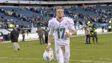 Nov 15, 2015; Philadelphia, PA, USA; Miami Dolphins quarterback Ryan Tannehill (17) runs off the field after a win against the Philadelphia Eagles at Lincoln Financial Field. The Dolphins defeated the Eagles, 20-19. Mandatory Credit: Eric Hartline-USA TODAY Sports