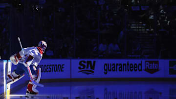 TAMPA, FLORIDA - JULY 07: Price #31 of the Montreal Canadiens skates out for warm-ups prior to the game against the Tampa Bay Lightning in Game Five of the 2021 NHL Stanley Cup Final at the Amalie Arena on July 07, 2021 in Tampa, Florida. The Lightning defeated the Canadiens 1-0 to take the series four games to one. (Photo by Bruce Bennett/Getty Images)