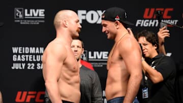 UNIONDALE, NEW YORK - JULY 21: (L-R) Patrick Cummins and Gian Villante face off during the UFC Fight Night weigh-in inside the Nassau Veterans Memorial Coliseum on July 21, 2017 in Uniondale, New York. (Photo by Josh Hedges/Zuffa LLC/Zuffa LLC via Getty Images)