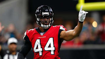 ATLANTA, GEORGIA - DECEMBER 22: Vic Beasley Jr. #44 of the Atlanta Falcons reacts after sacking Gardner Minshew II #15 of the Jacksonville Jaguars in the first half at Mercedes-Benz Stadium on December 22, 2019 in Atlanta, Georgia. (Photo by Kevin C. Cox/Getty Images)