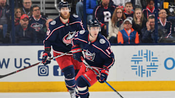 COLUMBUS, OH - APRIL 5: Brandon Dubinsky #17 of the Columbus Blue Jackets skates against the Pittsburgh Penguins on April 5, 2018 at Nationwide Arena in Columbus, Ohio. (Photo by Jamie Sabau/NHLI via Getty Images) *** Local Caption *** Brandon Dubinsky