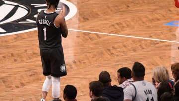 NEW YORK, NY - APRIL 20: D'Angelo Russell #1 of the Brooklyn Nets celebrates during the game against the Philadelphia 76ers on Game Four of Round One of the 2019 NBA Playoffs at Barclays Center on April 20, 2019 in the Brooklyn borough of New York City. NOTE TO USER: User expressly acknowledges and agrees that, by downloading and or using this photograph, User is consenting to the terms and conditions of the Getty Images License Agreement. (Photo by Matteo Marchi/Getty Images)