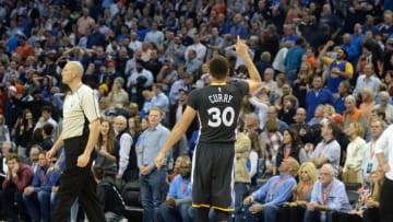 Feb 27, 2016; Oklahoma City, OK, USA; Golden State Warriors guard Stephen Curry (30) reacts after hitting the game winning shot against the Oklahoma City Thunder in overtime at Chesapeake Energy Arena. Mandatory Credit: Mark D. Smith-USA TODAY Sports