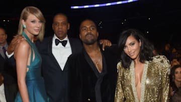 LOS ANGELES, CA - FEBRUARY 08: (L-R) Recording Artists Taylor Swift, Jay Z and Kanye West and tv personality Kim Kardashian attend The 57th Annual GRAMMY Awards at the STAPLES Center on February 8, 2015 in Los Angeles, California. (Photo by Larry Busacca/Getty Images for NARAS)