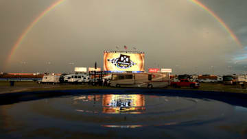 FORT WORTH, TEXAS - JUNE 06: A rainbow is seen over Big Hoss TV during practice for the NTT IndyCar Series DXC - Technology 600 at Texas Motor Speedway on June 06, 2019 in Fort Worth, Texas. (Photo by Sean Gardner/Getty Images)