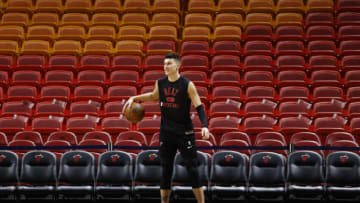 MIAMI, FLORIDA - OCTOBER 15: Tyler Herro #14 of the Miami Heat warms up prior to the preseason game against the Boston Celtics at FTX Arena on October 15, 2021 in Miami, Florida. NOTE TO USER: User expressly acknowledges and agrees that, by downloading and or using this photograph, User is consenting to the terms and conditions of the Getty Images License Agreement. (Photo by Michael Reaves/Getty Images)