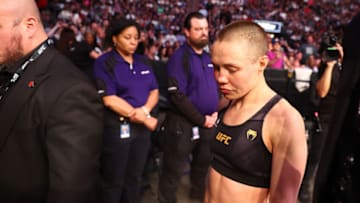 May 7, 2022; Phoenix, Arizona, USA; Rose Namajunas reacts following her championship loss against Carla Esparza during UFC 274 at Footprint Center. Mandatory Credit: Mark J. Rebilas-USA TODAY Sports