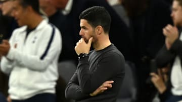 Arsenal's Spanish manager Mikel Arteta gestures on the touchline during the English Premier League football match between Tottenham Hotspur and Arsenal at Tottenham Hotspur Stadium in London, on May 12, 2022. - - RESTRICTED TO EDITORIAL USE. No use with unauthorized audio, video, data, fixture lists, club/league logos or 'live' services. Online in-match use limited to 120 images. An additional 40 images may be used in extra time. No video emulation. Social media in-match use limited to 120 images. An additional 40 images may be used in extra time. No use in betting publications, games or single club/league/player publications. (Photo by Glyn KIRK / AFP) / RESTRICTED TO EDITORIAL USE. No use with unauthorized audio, video, data, fixture lists, club/league logos or 'live' services. Online in-match use limited to 120 images. An additional 40 images may be used in extra time. No video emulation. Social media in-match use limited to 120 images. An additional 40 images may be used in extra time. No use in betting publications, games or single club/league/player publications. / RESTRICTED TO EDITORIAL USE. No use with unauthorized audio, video, data, fixture lists, club/league logos or 'live' services. Online in-match use limited to 120 images. An additional 40 images may be used in extra time. No video emulation. Social media in-match use limited to 120 images. An additional 40 images may be used in extra time. No use in betting publications, games or single club/league/player publications. (Photo by GLYN KIRK/AFP via Getty Images)