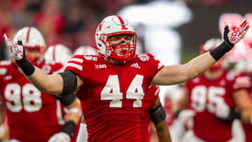 LINCOLN, NE - SEPTEMBER 28: Nebraska Cornhuskers linebacker Garrett Nelson (44) reacts to fans during the game between the Nebraska Cornhuskers and the Ohio State Buckeyes on Saturday September 28, 2019 at Memorial Stadium in Lincoln, NE. (Photo by Nick Tre. Smith/Icon Sportswire via Getty Images)