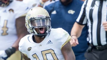 ATLANTA, GA - SEPTEMBER 1: Defensive back Christian Campbell #10 of the Georgia Tech Yellow Jackets celebrates after a big play during their game against the Alcorn State Braves at Bobby Dodd Stadium on September 1, 2018 in Atlanta, Georgia. (Photo by Michael Chang/Getty Images)