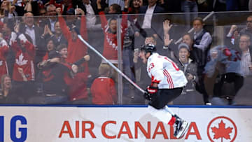 Sep 29, 2016; Toronto, Ontario, Canada; Team Canada center Brad Marchand (63) celebrates after scoring a short-handed goal against Team Europe during the third period in game two of the World Cup of Hockey final at Air Canada Centre. Mandatory Credit: Kevin Sousa-USA TODAY Sports