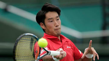 OSAKA, JAPAN - SEPTEMBER 18: Yuichi Sugita of Japan plays a forehand in his singles match against Thiago Monteiro of Brazil during day four of the Davis Cup World Group Play-off between Japan and Brazil at Utsubo Tennis Center on September 18, 2017 in Osaka, Japan. (Photo by Kiyoshi Ota/Getty Images)