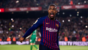 BARCELONA, SPAIN - DECEMBER 05: Malcom of FC Barcelona celebrates after scoring his team's third goal during the Copa del Rey fourth round second leg match between FC Barcelona and Cultural Leonesa at Camp Nou on December 05, 2018 in Barcelona, Spain. (Photo by Alex Caparros/Getty Images)