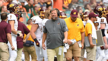 MIAMI, FLORIDA - SEPTEMBER 21: Head Coach Jim McElwain of the Central Michigan Chippewas coaching in the first half against the Miami Hurricanes at Hard Rock Stadium on September 21, 2019 in Miami, Florida. (Photo by Mark Brown/Getty Images)