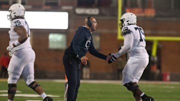 Nov 6, 2021; College Park, Maryland, USA; Penn State Nittany Lions head coach James Franklin greats played comming off the field during the second half against the Maryland Terrapins at Capital One Field at Maryland Stadium. Mandatory Credit: Tommy Gilligan-USA TODAY Sports