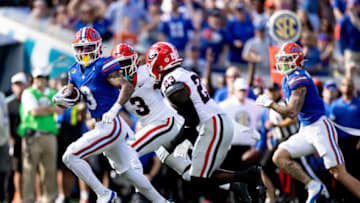 Florida Gators wide receiver Eugene Wilson III (3) looks back at Georgia Bulldogs defensive back Tykee Smith (23) during the first half at Everbank Stadium in Jacksonville, FL on Saturday, October 28, 2023. [Matt Pendleton/Gainesville Sun]