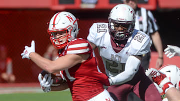 LINCOLN, NE - OCTOBER 27: Running back Wyatt Mazour #37 of the Nebraska Cornhuskers runs against safety Tydarius Peters #21 of the Bethune Cookman Wildcats at Memorial Stadium on October 27, 2018 in Lincoln, Nebraska. (Photo by Steven Branscombe/Getty Images)