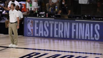 LAKE BUENA VISTA, FLORIDA - SEPTEMBER 15: Brad Stevens of the Boston Celtics during the first quarter against the Miami Heat in Game One of the Eastern Conference Finals during the 2020 NBA Playoffs at The Field House at the ESPN Wide World Of Sports Complex on September 15, 2020 in Lake Buena Vista, Florida. NOTE TO USER: User expressly acknowledges and agrees that, by downloading and or using this photograph, User is consenting to the terms and conditions of the Getty Images License Agreement. (Photo by Douglas P. DeFelice/Getty Images)