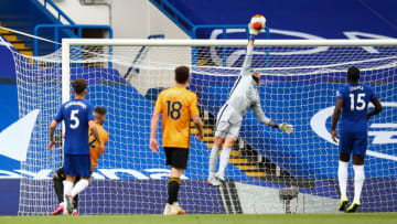 LONDON, ENGLAND - JULY 26: Willy Caballero of Chelsea makes a save during the Premier League match between Chelsea FC and Wolverhampton Wanderers at Stamford Bridge on July 26, 2020 in London, United Kingdom. (Photo by Craig Mercer/MB Media/Getty Images)