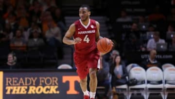 Feb 27, 2016; Knoxville, TN, USA; Arkansas Razorbacks guard Jabril Durham (4) brings the ball up court against the Tennessee Volunteers during the first half at Thompson-Boling Arena. Mandatory Credit: Randy Sartin-USA TODAY Sports