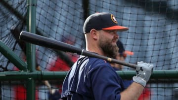 ANAHEIM, CA - MAY 05: Brian McCann #16 of the Houston Astros waits his turn in the batting cage during batting practice prior to the MLB game against the Los Angeles Angels of Anaheim at Angel Stadium of Anaheim on May 5, 2017 in Anaheim, California. (Photo by Victor Decolongon/Getty Images)