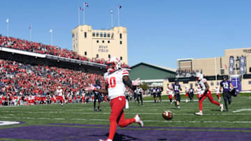 EVANSTON, IL- OCTOBER 13: JD Spielman #10 of the Nebraska Cornhuskers celebrates his touchdown against the Northwestern Wildcats during the first half on October 13, 2018 at Ryan Field in Evanston, Illinois. (Photo by David Banks/Getty Images)