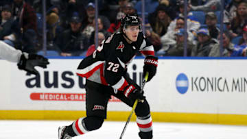 BUFFALO, NEW YORK - DECEMBER 13: Tage Thompson #72 of the Buffalo Sabres skates during the second period of an NHL hockey game against the Los Angeles Kings at KeyBank Center on December 13, 2022 in Buffalo, New York. (Photo by Joshua Bessex/Getty Images)